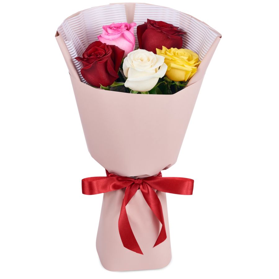 Букет из 5 разноцветных роз (60 см)